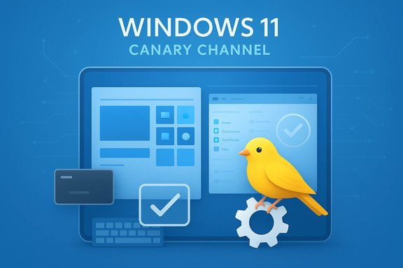 Windows 11 Canary Channel concept with a yellow canary perched on a gear against a blue UI backdrop.