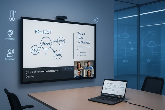 Modern meeting room with a large interactive whiteboard showing a project plan and a video call, mirrored on a laptop.