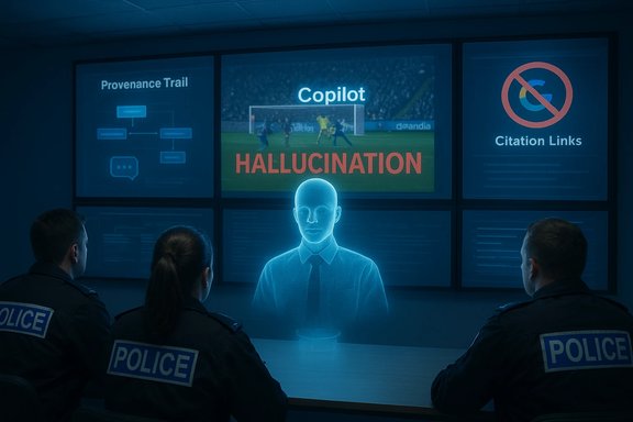 Police officers monitor a holographic AI assistant as screens display HALLUCINATION. Police officers monitor a holographic AI assistant as screens display HALLUCINATION.