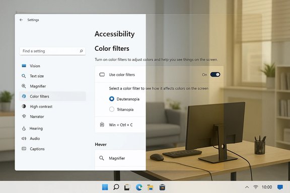 Windows Accessibility settings panel for Color filters displayed over a modern office desk.