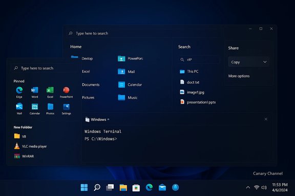 Dark Windows 11 desktop with Start menu, pinned apps, and Windows Terminal open on Canary Channel.