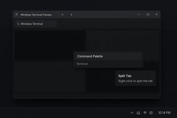 Dark Windows Terminal Preview with a command palette popup and split tab tip.