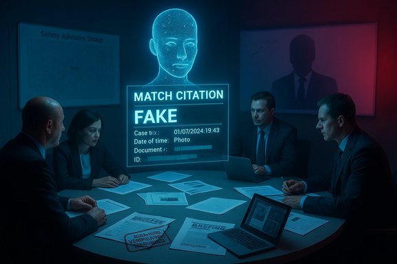 A holographic display reads 'MATCH CITATION FAKE' as four professionals discuss around a conference table.