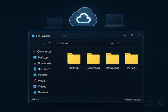 Dark File Explorer window showing four yellow folders: Desktop, Documents, Downloads, Pictures, with a cloud-network backdrop.