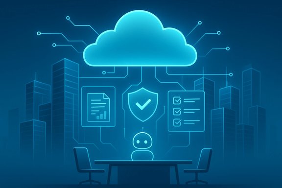 Blue neon cloud with circuitry over a city, symbolizing cloud security and data governance.