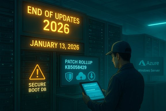 A technician in a data center reviews a patch rollout dashboard with an “End of Updates 2026” display.
