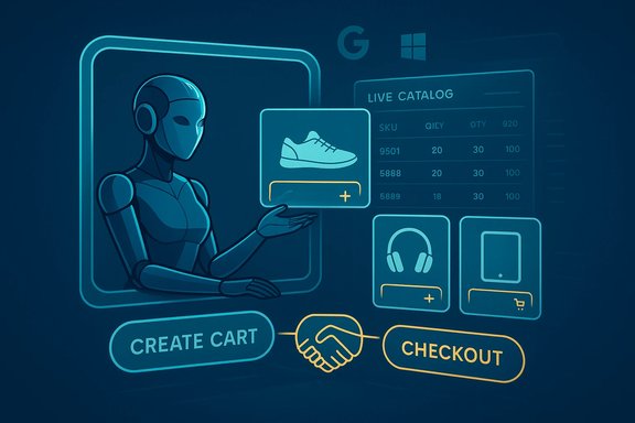 A robotic assistant showcases a shoe in a digital storefront with a cart and checkout.