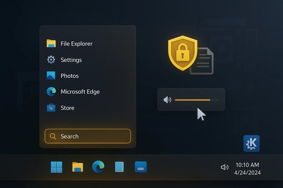 Windows-style Start Menu with app shortcuts, a security shield, and a volume bar on a dark desktop.