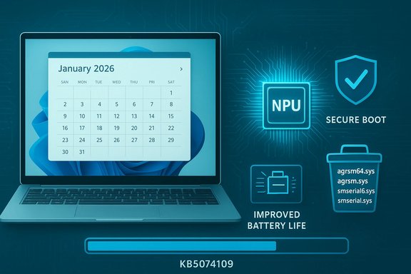 A laptop shows a January 2026 calendar with icons for secure boot, improved battery life, and system files.