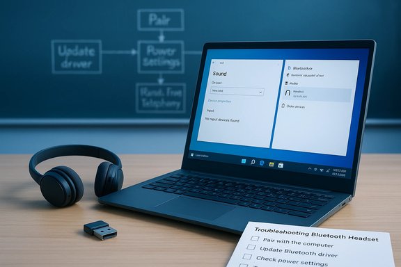A laptop displays Bluetooth settings on a desk beside headphones, a USB drive, and a troubleshooting Bluetooth Headset checklist.