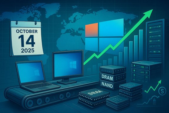 Global tech growth shown by servers, memory stacks, Windows PCs, and a rising data chart.