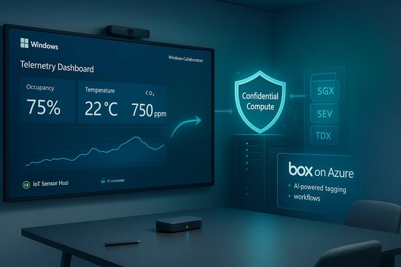 Conference room with Windows Telemetry Dashboard showing occupancy, temperature, CO2, and confidential compute visuals.