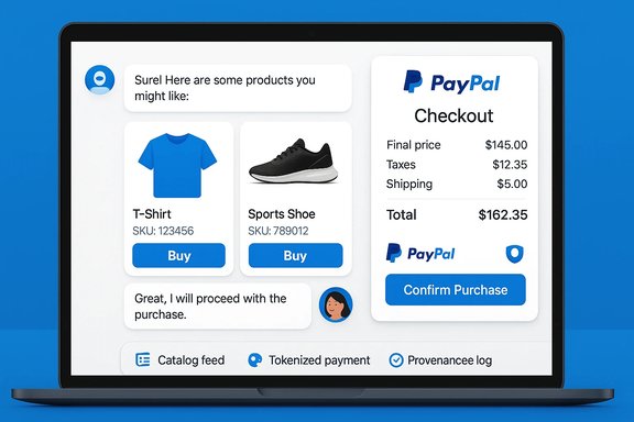 Laptop screen displaying a PayPal checkout with product cards and Buy buttons. Laptop screen displaying a PayPal checkout with product cards and Buy buttons.