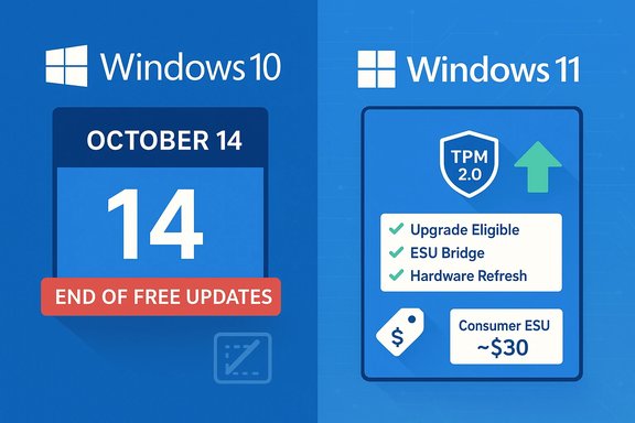 Side-by-side Windows 10 vs Windows 11 infographic highlighting end of free updates and TPM 2.0 upgrade.