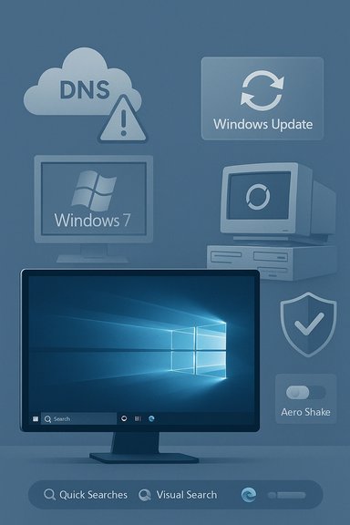 Blue Windows-themed collage featuring Windows 7 monitor, Update icon, DNS warning, and modern desktop.