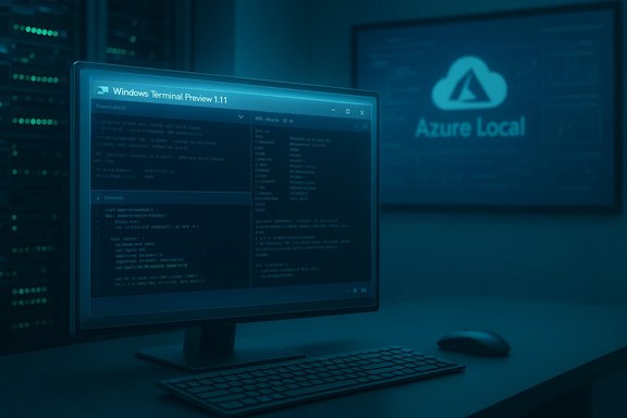 A data-center workstation running Windows Terminal, with an Azure Local logo on the wall.