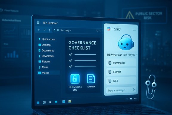 Laptop screen shows File Explorer with a governance checklist and a Copilot chat panel.