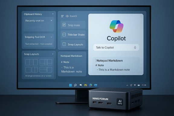 Monitor displaying Copilot UI panels; a MinisForum AI mini PC sits on the desk.