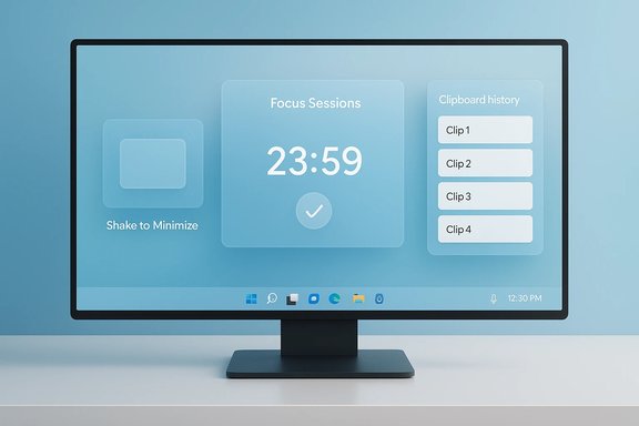 Blue desktop UI on a monitor showing Focus Sessions timer, Shake-to-Minimize tile, and clipboard history.