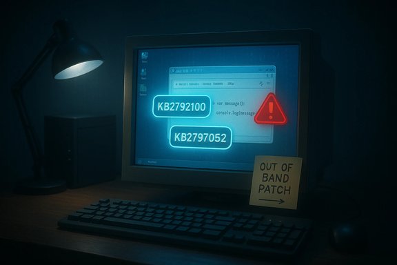 Neon codes KB2792100 and KB2797052 glow on an old monitor beside a warning triangle and an 'Out of Band Patch' note.
