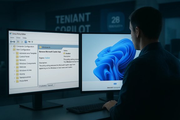 A person works at dual monitors, configuring Windows Group Policy settings.