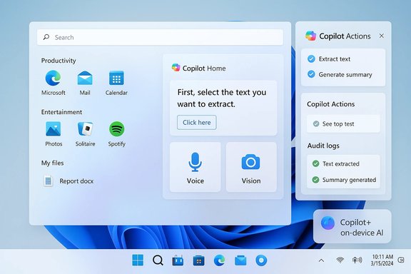 Windows-like desktop showing Copilot AI panels for text extraction, voice, and vision tools.