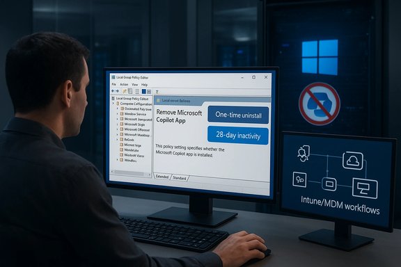 IT admin uses Local Group Policy Editor to remove Microsoft Copilot (one-time uninstall).