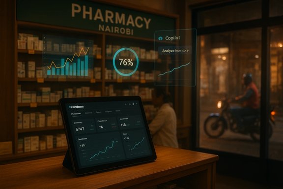 A pharmacy storefront with holographic data panels and a tablet showing inventory analytics.