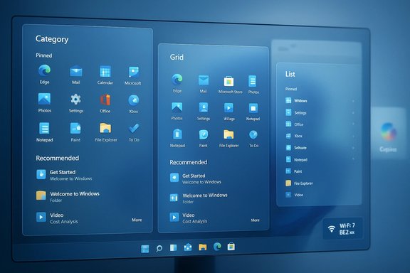Windows 11-style Start menu showing Category, Grid, and List panels with app icons.