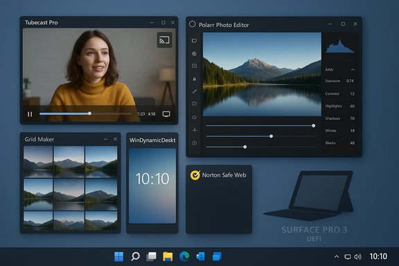 Windows desktop with several floating app windows on a blue background. Windows desktop with several floating app windows on a blue background.