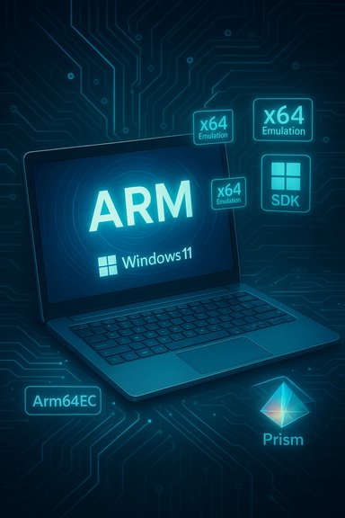 A glowing laptop displays ARM Windows 11 with x64 emulation against a circuit-board background.