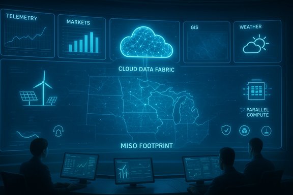 Team monitors a neon-blue dashboard displaying Cloud Data Fabric and the MISO footprint.