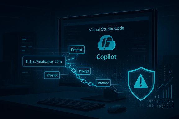 Blue-tinted screen shows Visual Studio Code Copilot with chained prompts and a malicious.com URL.