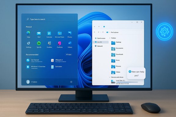 Windows 11 desktop with Start menu and File Explorer on a large monitor, keyboard and mouse on a desk.