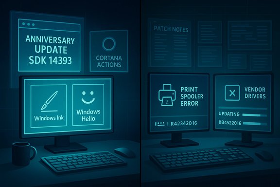 Blue-toned workstation with multiple screens showing Windows updates and printer errors.