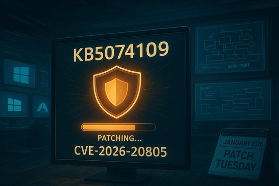 A glowing security dashboard shows patching CVE-2026-20805 with a shield emblem.