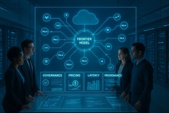 A team analyzes a holographic Frontier Model diagram showing governance, pricing, latency, and provenance.