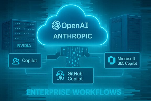 Neon-blue cloud labeled OpenAI Anthropic links Nvidia servers to Copilot tools for enterprise workflows.