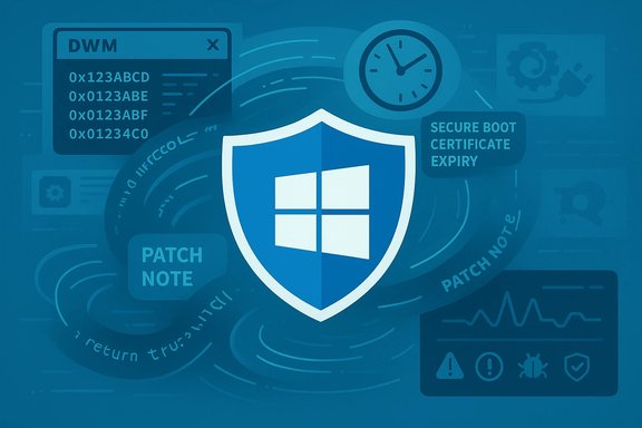 Blue digital-security illustration with a Windows shield, patch notes, and secure-boot elements.