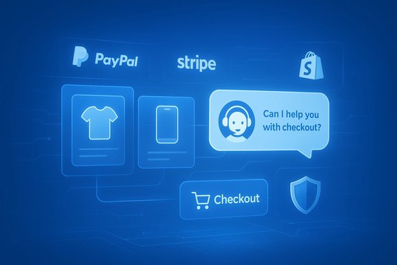 Blue tech illustration of checkout options: PayPal, Stripe, Shopify, with a chatbot assistant. Blue tech illustration of checkout options: PayPal, Stripe, Shopify, with a chatbot assistant.