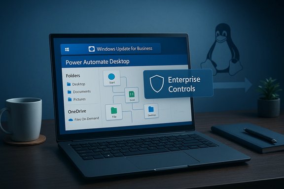 A laptop screen shows Windows Update for Business and Power Automate Desktop with Enterprise Controls.