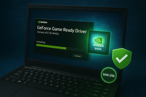 Laptop screen shows GeForce Game Ready Driver installing with NVIDIA badge and security icons.