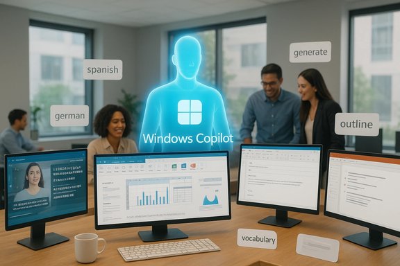 Windows Copilot hologram in a modern office aids multilingual tasks across multiple monitors.