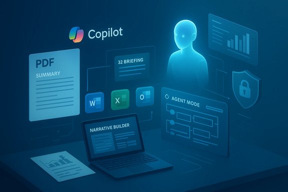 Futuristic Copilot dashboard with PDFs, apps, charts, and a glowing translucent humanoid figure.