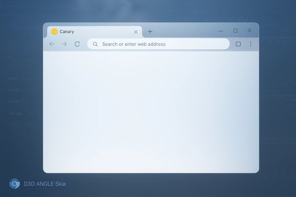 A 3D-rendered Chrome Canary browser window floating on a blue gradient background.