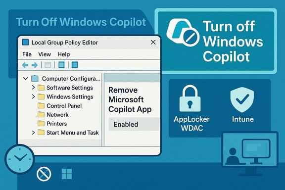 Illustration showing how to disable Windows Copilot using Local Group Policy Editor.