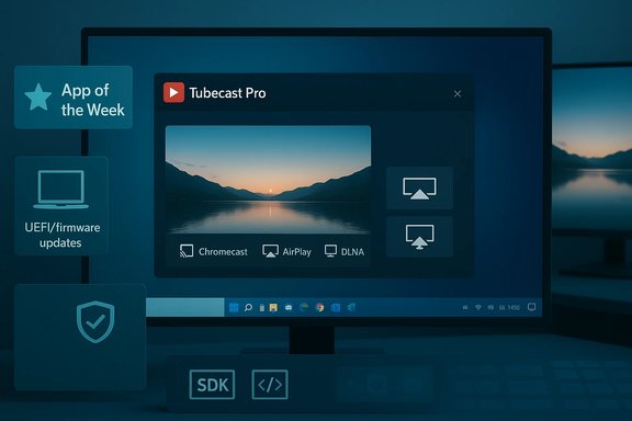 A monitor shows Tubecast Pro UI with App of the Week badge and casting options.