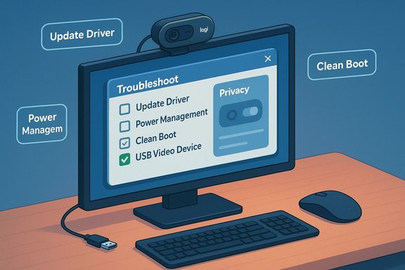A desktop monitor shows a Troubleshoot panel with Update Driver, Clean Boot, and USB Video Device options.