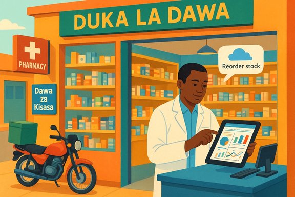 Pharmacist uses a tablet to reorder stock at a colorful storefront pharmacy. Pharmacist uses a tablet to reorder stock at a colorful storefront pharmacy.