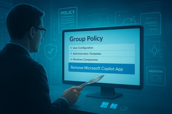 A man in a suit views a monitor displaying Group Policy options to remove Microsoft Copilot app.